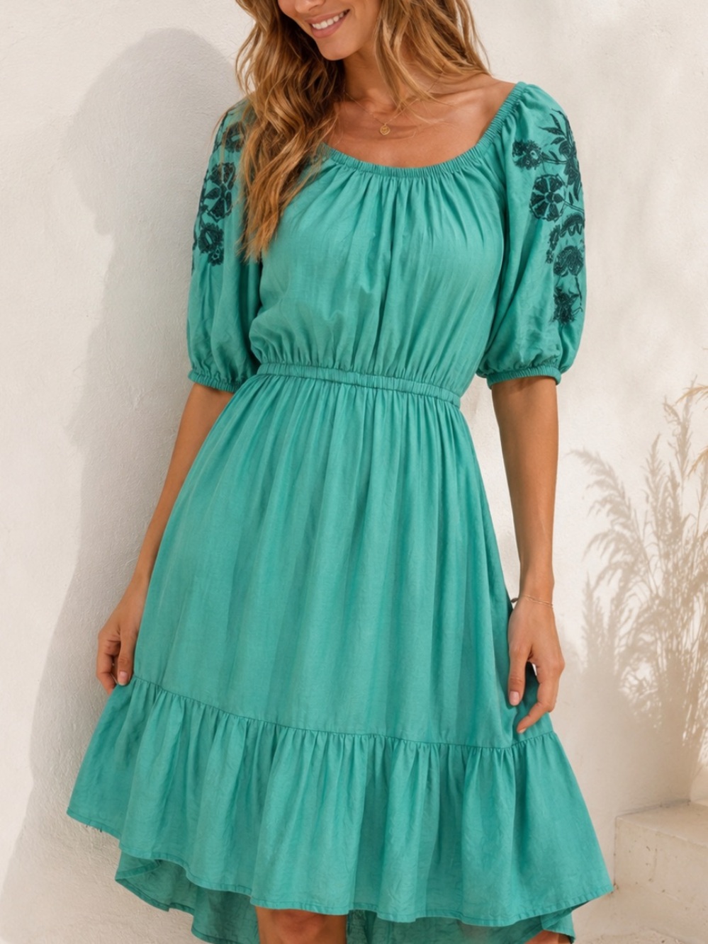 Knox Rose Cotton Blend Boho Midi Dress Puff Sleeve Green Tiered Cottagecore XS